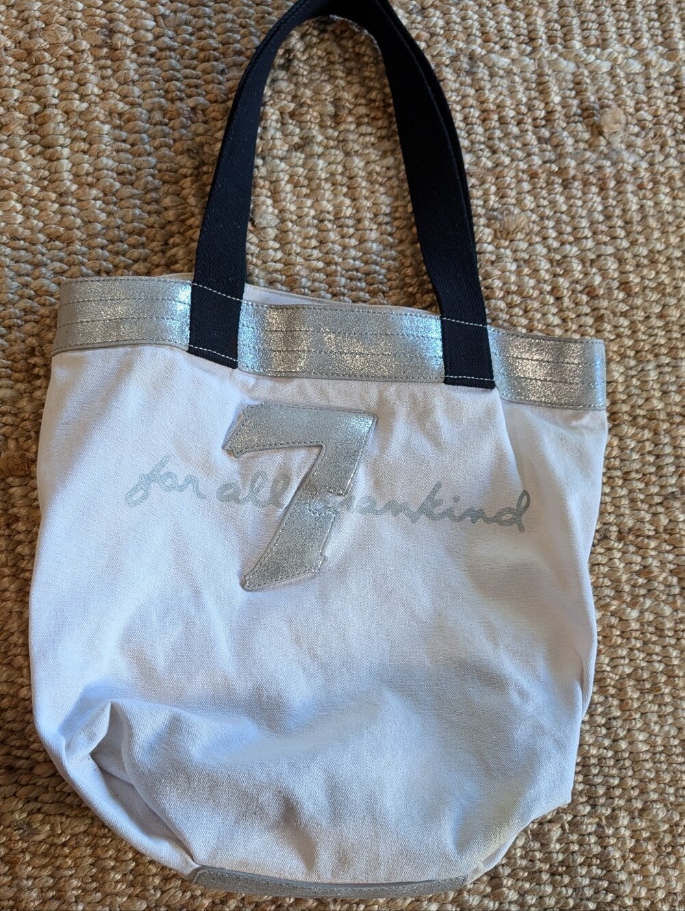 7 For All Mankind Cream White Canvas Tote with Silver Trim and Black Handles